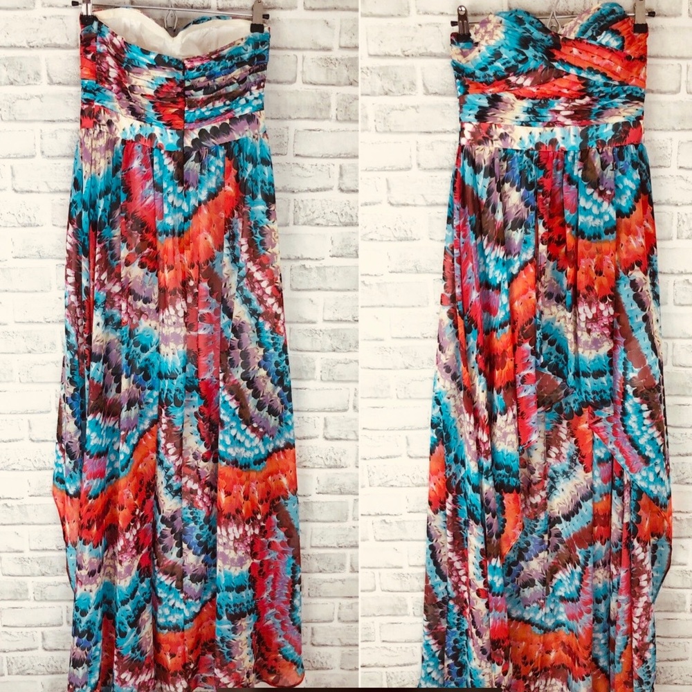 Aidan Mattox feather print highlow strapless dress - Picture 2 of 8